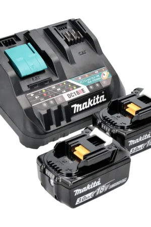 Nouvelle Collection Makita Power Source Kit 18 V avec - 2x Batteries BL 1830 B 3,0 Ah (2x 197599-5) + Chargeur rapide multiple DC 18 RE (198720-9)
