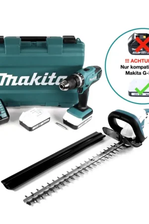 Vente Flash Makita HP 457 DWE Perceuse-visseuse à percussion sans fil série G 18 V 42 Nm en coffret + UH 522 DZ Taille-haie sans fil 52 cm + 2x batterie 1,5 Ah + chargeur