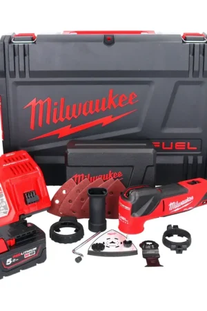 Milwaukee M18 FMT-501X FUEL Battery Multitool 18 V Brushless + 1x batterie 5,0 Ah + chargeur + 7 pcs. tools Set d'accessoires + HD Box Usine Directe
