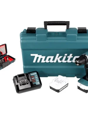 Makita DF 347 DWE 14.4V Li-ion Perceuse-visseuse sans fil + 2x Batteries 1,5 Ah + Chargeur + Ensemble de forets et forets Bosch + Boîte robuste 23 pièces de forage et de vissage (2607019912) Quantité Limitée