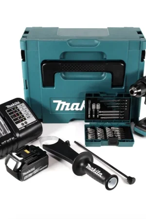 Soldes Makita DDF 481 ST1J 18 V Perceuse visseuse sans fil Brushless 115 Nm + 1 x Batterie BL 1850 B 5,0 Ah + Chargeur DC 18 SD + Coffret MakPac + Kit de 38 forets et embouts