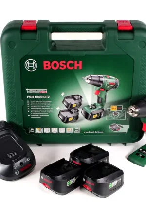 Réduction Bosch PSR 1800 Li-2 Perceuse-visseuse sans fil 18 V + Coffret de transport + 3x Batteries 1.5 Ah + Chargeur ( 06039A3102 )