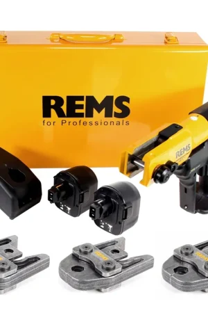 Presse radiale à batterie REMS Akku Press ACC 14,4 V avec vidange forcée dans un coffret en tôle d'acier + 2 x batterie 3,0 Ah + chargeur + 3 x mors de presse V15 V18 V22 Solde