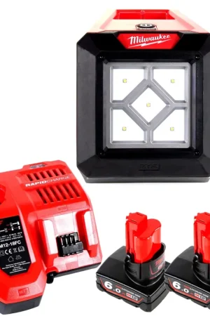 Milwaukee M12 AL-602 Projecteur de chantier sans fil, 12 V Li-Ion + 2x Batteries 6,0 Ah + Chargeur Pas Cher