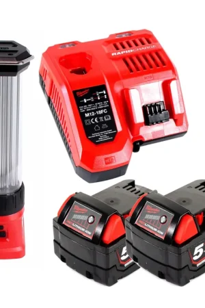 Acheter Direct Milwaukee M18 LL-502C Lanterne de chantier sans fil LED 18 V Li-Ion + 2 x Batteries 5,0 Ah + Chargeur
