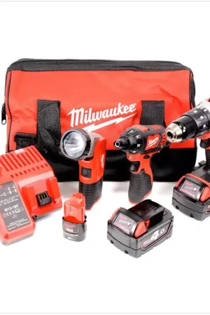Nouveauté Milwaukee M18 Set TJ2 - 423 B avec Milwaukee M18 BPD 18 V et M12 BSD 12 V + dispositif de positionnement avec 2 piles 18 V et 1 pile 12 V dans une pochette