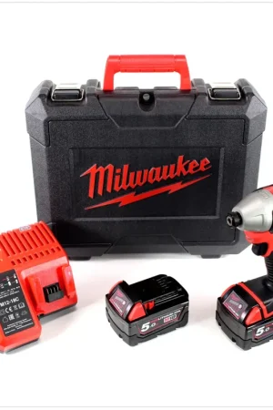 Milwaukee M18 BLID 502 C Visseuse à percussion sans fil, sans balai + 2x Batteries 5,0 Ah Red Li-Ion + Chargeur universel M12-18C + Coffret Nouveauté