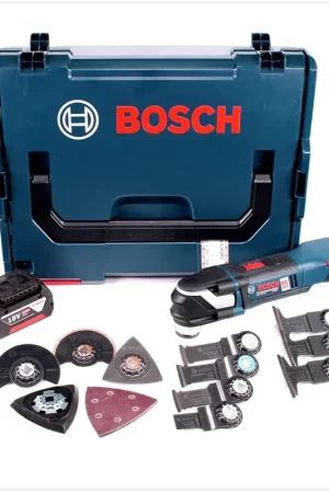Dernière Chance Bosch GOP 18 V-28 Professional Outil multifonctions découpeur-ponceur sans fil avec boîtier L-Boxx + 1x Batterie GBA 5,0 Ah + Accessoires