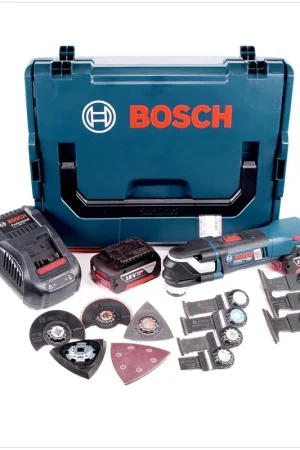 Bosch GOP 18 V-28 Professional Outil multifonctions découpeur-ponceur sans fil avec boîtier L-Boxx + 2x Batteries GBA 5,0 Ah + 1x Chargeur GAL 1880 CV + Accessoires Pas Cher