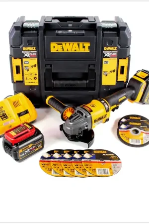 Réduction DeWalt DCG 414 T2 54 V XR Flexvolt Brushless Meuleuse d'angle sans fil 125 mm + Coffret de transport DeWalt T-Stak Box 2 + 2x Batteries 6Ah + Chargeur + 5x Disques de coupe en acier inoxydable + 2x Disques d'ébauche