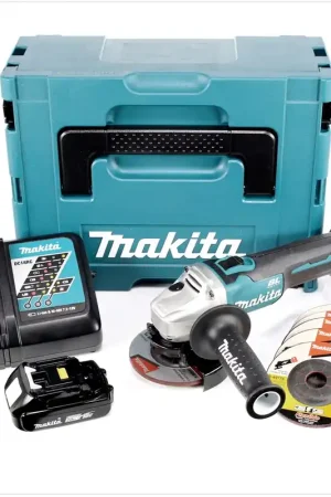 Makita DGA 456 RA1J Meuleuse d'angle sans fil 18V, 115mm, sans balai + 1x Batterie 2,0 Ah + Chargeur + Makpac + 6x Disques abrasifs Prix Bas