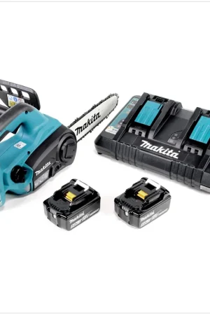 Réduction Makita DUC 252 PT Tronçonneuse d'élagage sans fil avec 2 x 18 V = 36 V de puissance + 2 x Batteries BL 1850 5,0 Ah + Chargeur rapide double station DC 18 RD
