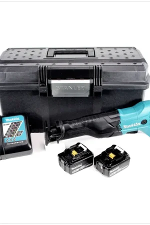 Remise Makita DJR 186 18 V Li-ion Scie récipro sans fil avec coffret Stanley + 2x Batteries BL 1850 5,0 Ah + Chargeur