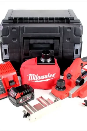 Promotion Milwaukee M18 BP - 501 Rabot sans fil 18 V + 1x Batterie M18 B5 5,0 Ah + Chargeur M12 - 18 + Coffret Stanley TSTAK