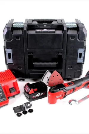 Certifié Milwaukee M18 BMT - 402 18 V Outil multifonctions sans fil avec boîtier Stanley + 2x M18 B4 4,0 Ah Batteries + M12-18C Chargeur