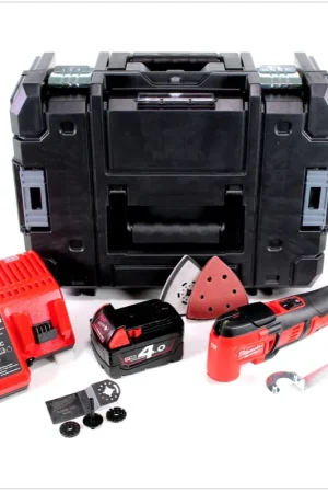 Bon Marché Milwaukee M18 BMT - 401 18 V Outil multifonctions sans fil avec boîtier Stanley + 1x M18 B4 4,0 Ah Batterie + M12-18C Chargeur