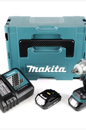 Authentique Makita DTW 285 Y1J-P 18 V Li-Ion Boulonneuse à chocs sans fil avec boîtier Makpac 2 + 2x Batteries BL 1820 2,0 Ah + Chargeur rapide DC 18 RC