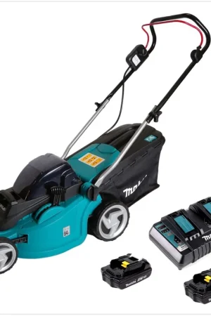 Makita DLM 380 PM2 Tondeuse à gazon sans fil 38cm, 36V ( 2x18V ) + 2x Batteries 1,5Ah + Chargeur double Seulement Aujourd'hui
