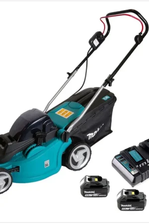 Prix Réduit Makita DLM 380 PM2 Tondeuse à gazon sans fil 38cm, 36V ( 2x18V ) + 2x Batteries 5,0Ah + Chargeur double