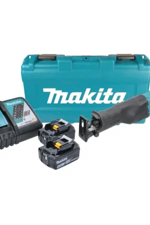 Promotion Saisonnière Makita DJR 186 RMK 18 V Li-Ion Scie récipro sans fil + Boîtier de transport + 2x Batteries BL 1840 4,0 Ah + 1x Chargeur rapide DC 18 RC