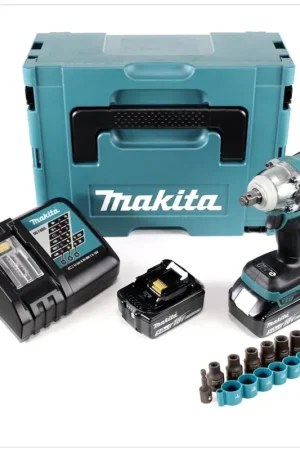 Makita DTW 285 RTJ 18 V Li-Ion Boulonneuse à chocs sans fil avec boîtier Makpac + 2x Batteries BL 1850 5,0 Ah + Chargeur rapide DC 18 RC + 9 Douilles B-54645 1/2" Offre Spéciale