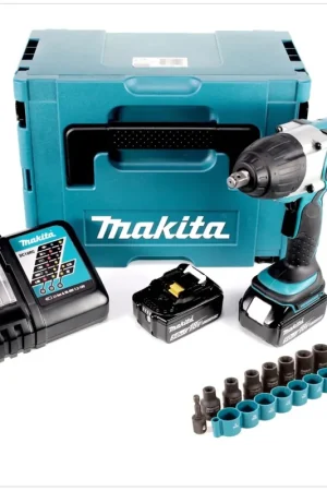 Makita DTW 450 RTJ 18V Li-ion Boulonneuse à chocs sans fil avec boîtier Makpac + 2 x Batteries BL 1850 5,0 Ah + Chargeur rapide DC 18 RC + 9 Douilles B-54645 1/2" Nouveauté
