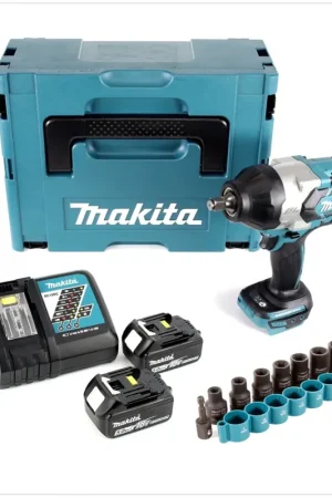Meilleure Vente Makita DTW 1002 RTJ 18 V Li-Ion Brushless Boulonneuse à chocs sans fil avec Boîtier Makpac + 2x Batteries BL 1850 18V 5,0 Ah + Chargeur rapide DC 18 RC + 9 Douilles B-54645 1/2"