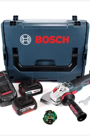 Authentique Bosch GWS 18 V-150 SC Professional Meuleuse angulaire sans fil Ø 150 mm avec boîtier L-Boxx + Module de connectivité Bluetooth GCY 30-4 + 2x Batteries GBA 5,0 Ah + 6,3 Ah + Chargeur GAL 1880