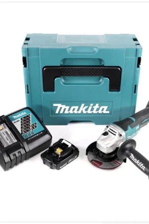 Makita DGA 455 Y1J-D 18 V 115 mm Brushless Li-Ion Meuleuse d'angle sans fil avec boîtier MakPac + 1x Batterie BL 1815 N 1,5 Ah Li-Ion + Chargeur rapide DC 18 RC 7.2 V - 18 V Produit De Marque