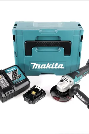 Expédition Rapide Makita DGA 455 RY1J 18 V 115 mm Brushless Li-Ion Meuleuse d'angle sans fil avec boîtier MakPac + 1x Batterie BL 1820 2,0 Ah Li-Ion + Chargeur rapide DC 18 RC 7.2 V - 18 V