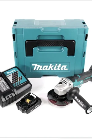 Offre Du Jour Makita DGA 455 RYJ 18 V 115 mm Brushless Li-Ion Meuleuse d'angle sans fil avec boîtier MakPac + 2x Batteries BL 1820 2,0 Ah Li-Ion + Chargeur rapide DC 18 RC