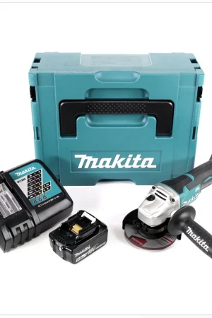 Petit Prix Makita DGA 455 RT1J 18 V 115 mm Brushless Li-Ion Meuleuse d'angle sans fil avec boîtier MakPac + 1x Batterie BL 1850 5,0 Ah Li-Ion + Chargeur rapide DC 18 RC 7.2 V - 18 V