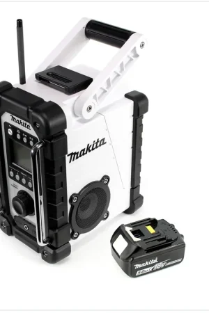 Makita DMR 107 W 7,2 - 18 V Radio de chantier Blanc + 1x Batterie BL 1850 18V 5Ah - sans Chargeur Prix Réduit
