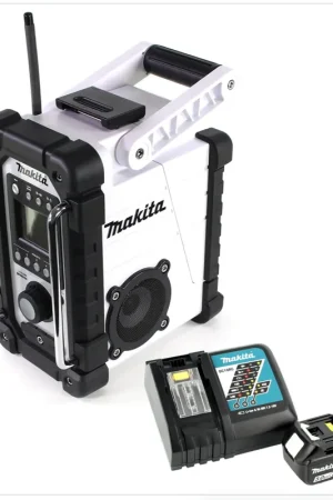 Makita DMR 102 W Radio de chantier Blanc + 1x Batterie BL 1850 18V - 5 Ah + Chargeur rapide DC 18 RC Pas Cher