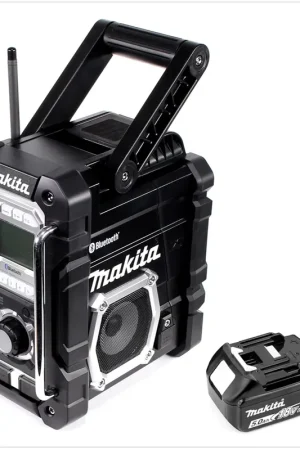 Makita DMR 106 B Radio de chantier sans fil (noire) avec Bluetooth 7,2 - 18 V + 1x Batterie BL 1850 18 V 5,0 Ah - sans Chargeur Dernier Modèle