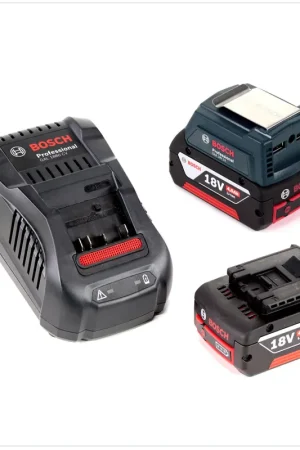 Bosch Power Set mit GAA Professional Chargeur USB Adaptateur pour Batterie 14,4 V / 18 V + 2x Batteries GBA 18V 4,0 Ah Li-Ion + 1x Chargeur rapide GAL 1880 CV Dernier Modèle