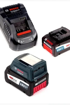 Bosch Power Set mit GAA Professional Chargeur USB Adaptateur pour Batterie 14,4 V / 18 V + 2x Batteries GBA 18V 6,3 Ah EneRacer Li-Ion + 1x Chargeur rapide GAL 1880 CV Haute Qualité