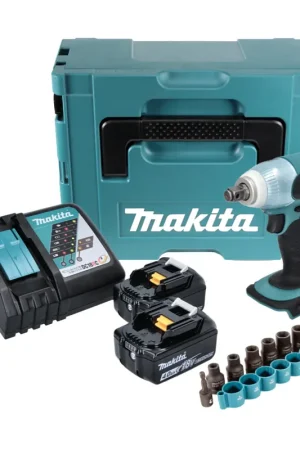 Expédition Rapide Makita DTW 251 RM1J 18V Boulonneuse à chocs sans fil 230 Nm + Coffret de transport Makpac + 2x Batteries BL 1840 4,0 Ah + Chargeur DC18RC + 9 Pièces de jeux de douilles
