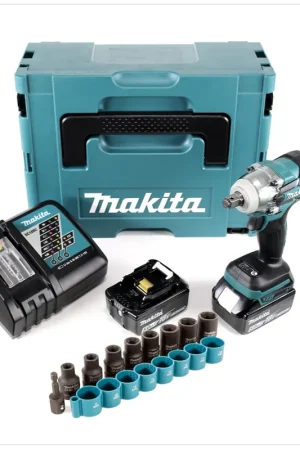 Makita DTW 285 RTJ 18 V Li-Ion Boulonneuse à chocs sans fil + Boîtier Makpac + 2x Batteries BL 1850 5,0 Ah + Chargeur rapide DC 18 RC + Douilles + 1/2 "ensemble de 9 pièces Marque