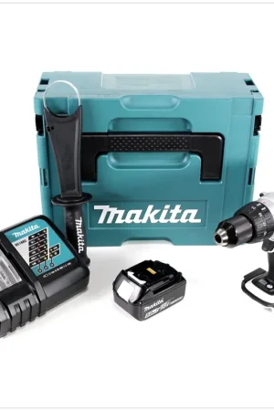 Offre Spéciale Perceuse-visseuse sans fil Makita DDF 458 W RT1J 18 V 91 Nm en blanc en Makpac avec 1x batterie BL1850 B 5,0 Ah et chargeur DC18RC