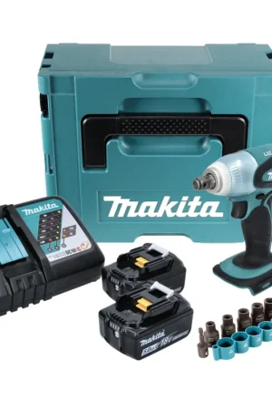 Promotion Saisonnière Makita DTW 251 R1J 18 V Boulonneuse à chocs sans fil 230 Nm + Coffret de transport Makpac + 2x Batteries 5,0 Ah Li-Ion + Chargeur + Jeu de douilles 9 pièces