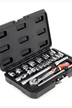 Certifié Yato YT-38561 Jeu de Douilles en Coffret 22 Pièces avec Cliquet 3/8'
