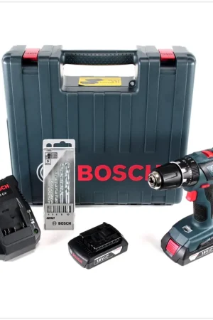 Promotion Bosch GSB 18-2-Li Plus Professional Perceuse à percussion sans fil 18 V avec 2 batteries 1,5 Ah + chargeur en coffret + jeu de 5 forets à pierre Bosch Impact 4 - 10 mm