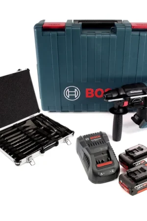 Achetez Aujourd'hui Bosch GBH 18V-20 Professional Perforateur sans fil SDS-plus + Coffret de transport + 2x Batteries 6,0 Ah + Chargeur + 17 pièces Jeu perceuse et burin