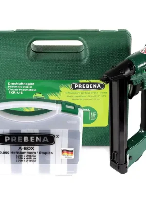 Prebena 1XR-A16 Agrafeuse pneumatique avec Coffret de transport + A-BOX 9.000 Agrafes Marque