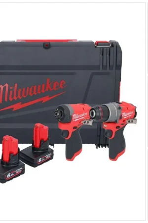 Milwaukee M12 FPP2A2-602X Kit combiné ( 4933480588 ) Perceuse-visseuse à percussion sans fil M12 FPD2 45 Nm + M12 FID2 Clé à choc sans fil 170 Nm 1/4'' Brushless + 2x batterie 6,0 Ah + chargeur + HD-Box Prix Réduit