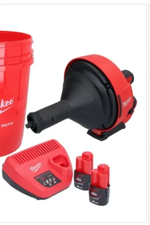 Soldes Appareil de nettoyage de tuyaux sur batterie Milwaukee M12 BDC8-202C 12 V + 2x batteries 2,0 Ah + chargeur + spirale + seau