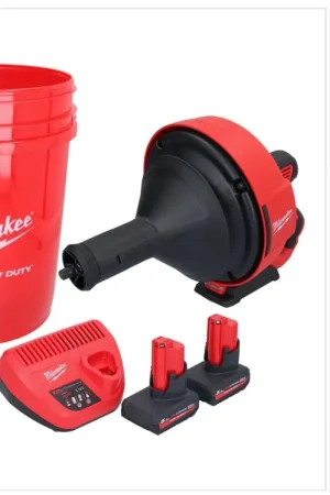 Satisfait Ou Remboursé Appareil de nettoyage de tuyaux sur batterie Milwaukee M12 BDC8-502C 12 V + 2x batteries 5,0 Ah + chargeur + spirale + seau