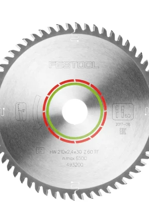 Soldes Festool HW 210x2,4x30 TF60 Lame circulaire LAMINATE/HPL ( 493200 ) 210 x 2,4 x 30 mm 60 dents pour stratifiés, panneaux revêtus, verre acrylique, panneaux de résine mélamine et matériaux minéraux