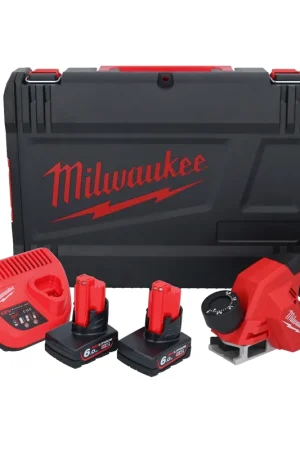 Promotion Saisonnière Raboteuse sur batterie Milwaukee M12 BLP-602X 12 V 51 mm brushless + 2x batteries 6,0 Ah + chargeur + boîtier HD